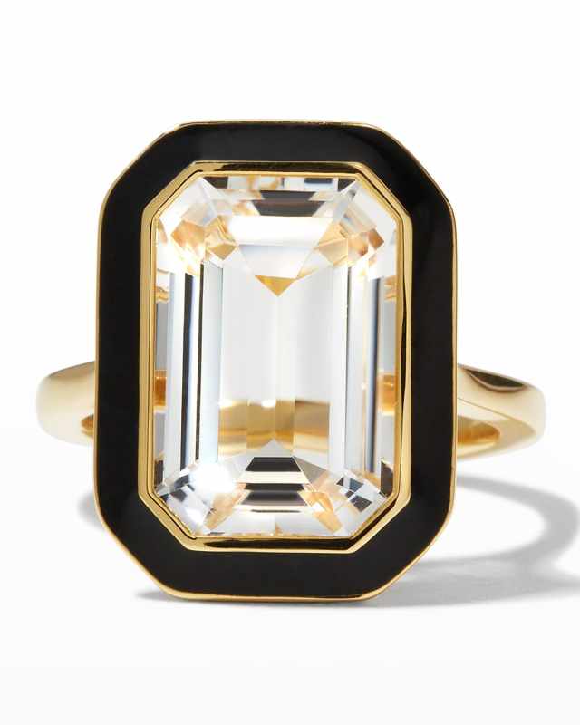 18K Queen Rock Crystal Black Enamel Ring, Size 6.5
